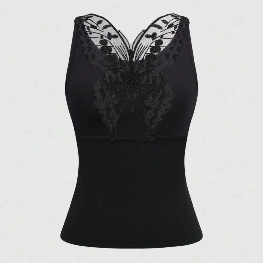 Women's Summer Butterfly Embroidery Mesh Insert Round Neck Sleeveless Tank Top - Picture 5 of 5